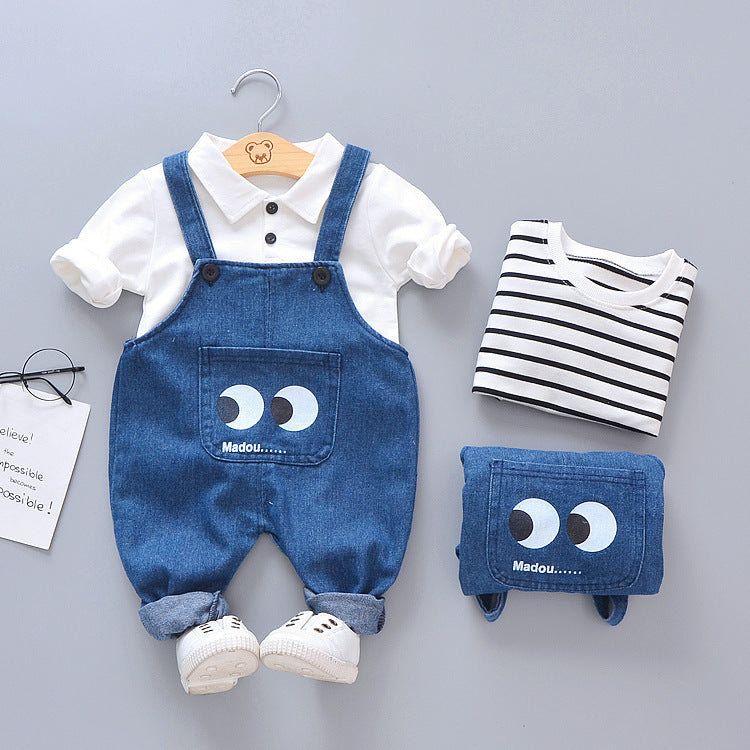 Striped Big Eyes Overalls Shirt T-shirt Kids Suit